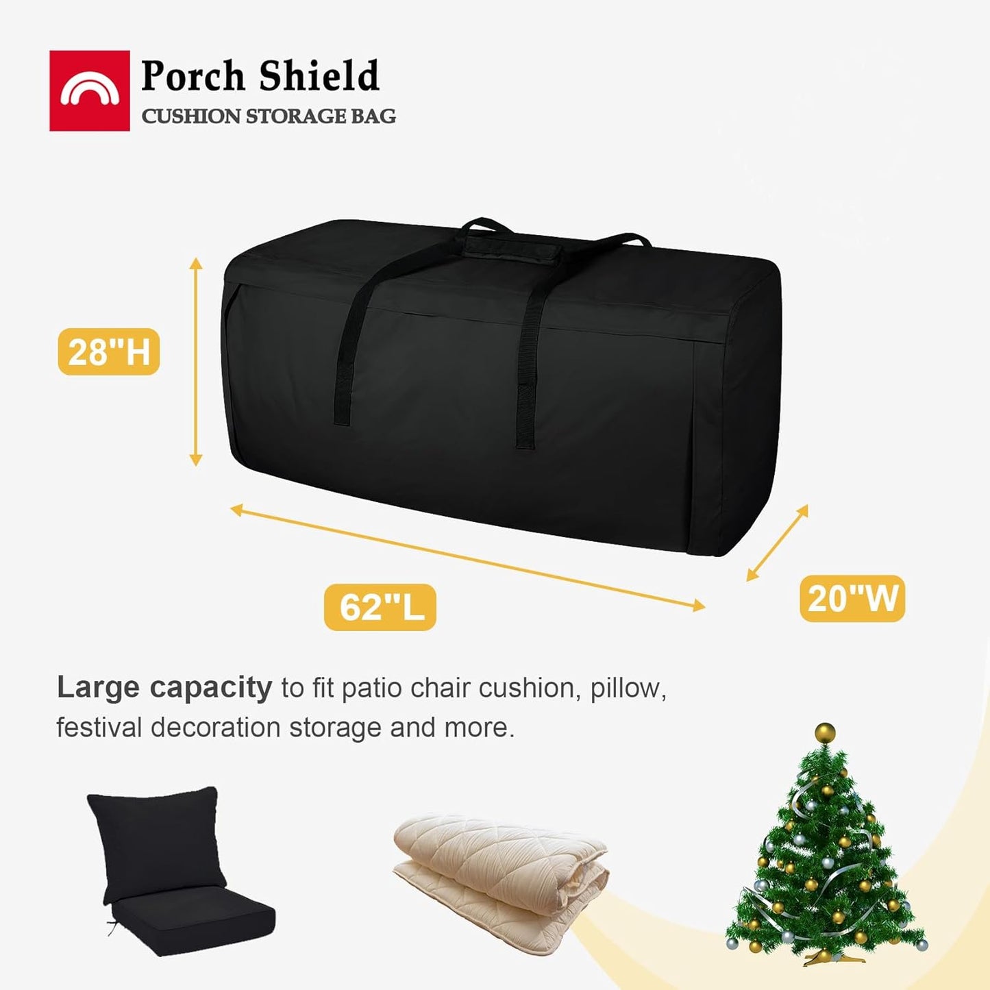 Porch Shield Outdoor Cushion Storage Bag 62 inch Waterproof Outside Storage Bags for Patio Furniture with Zippers and Handles Black