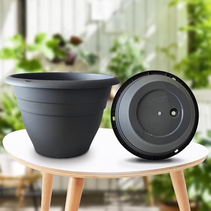 Plant Pots Set of 5, 10 Inch Round Flower Pots, Thickened Plant Planters with Drainage Holes, Garden Pots for Indoor Outdoor (Dark Gray)