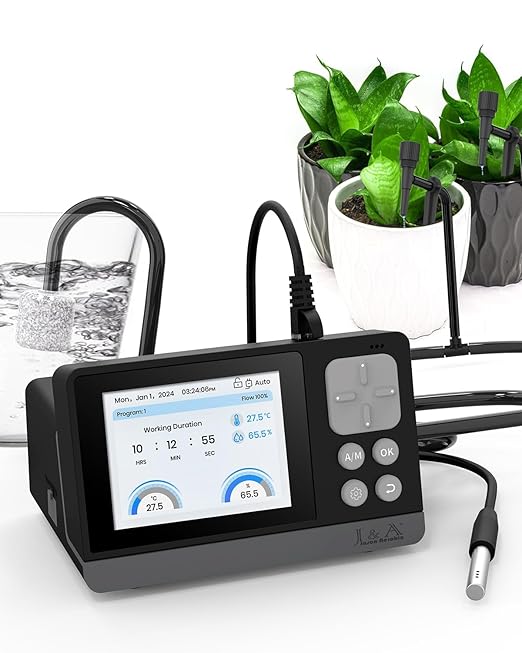 J&A Automatic Watering System for Potted Plants Drip Irrigation Kit Self-Watering System with Timer, Thermometer, Hygrometer for Indoor Plants, Grow Tent (Black)