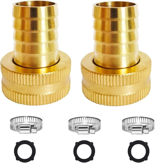 2Pcs 3/4" Barb x 3/4" Female GHT Thread Swivel Brass Garden Water Hose Pipe Connector Copper Fitting with Stainless Clamp House/Boat/Lawn/Power Wash/Irrigation