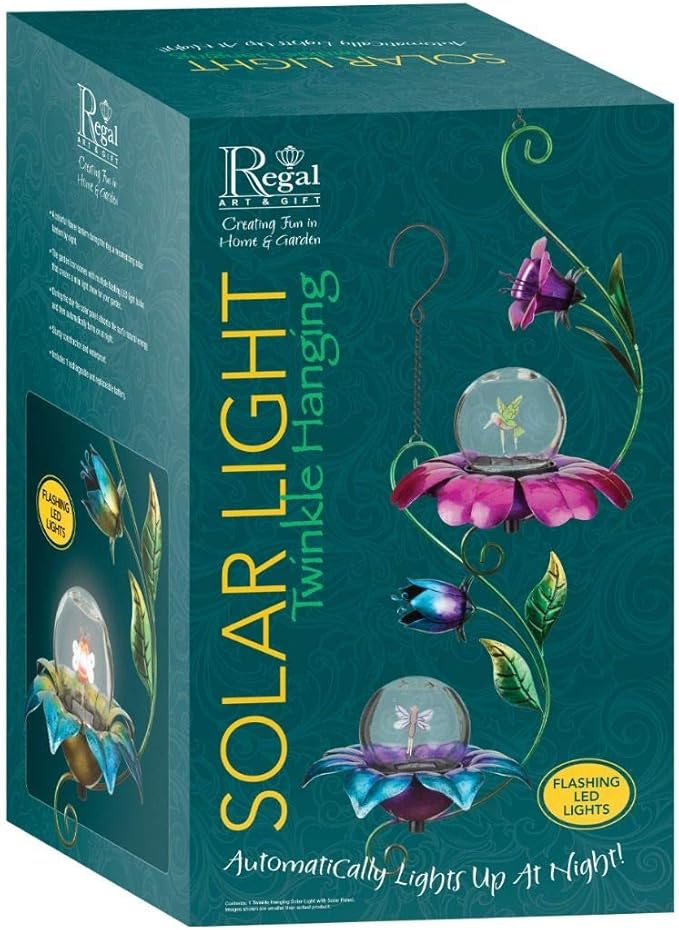 Regal Art & Gift Twinkle Hanging Chime Solar Lanterns - Micro Pulsing LED Lights, Waterproof Outdoor Yard Decorations, Metal & Plastic, Décor for Lawn, Garden, Patios, Hanging Path Light, Butterfly