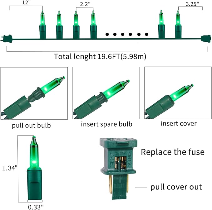 Ultra-Bright Connects End to End Green Christmas Mini Lights 100L 19.6Ft UL Listed Incandescent Bulb String Light Set for Indoor Outdoor Holiday Garden Party Christmas Tree Garland Decor