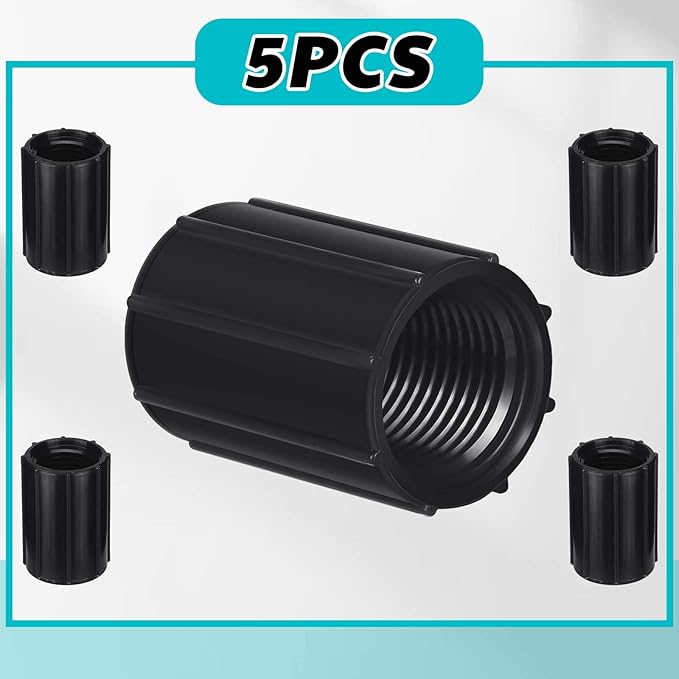 Yahenda 5 Pcs 1/2 Inch PVC Double Female Threaded Coupling Sprinkler Pipe Fitting Female Thread Pipe Fitting Garden Drip Irrigation System PVC Npt Coupler for Irrigation Tube Riser Extension (Black)