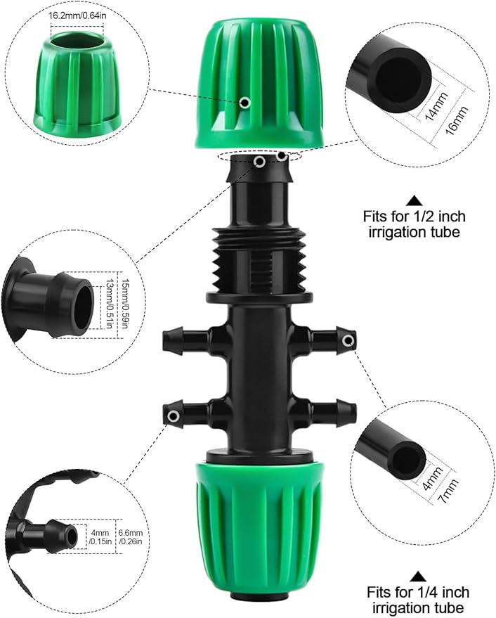 Kalolary 20PCS Barbed Tee 1/2" to 1/4" Drip Irrigation Fittings, Anti-Drop Barbed Hose Parts Connectors for 12mm/16mm to 4mm/7mm Drip Systems 6 Way Adapter（Green）