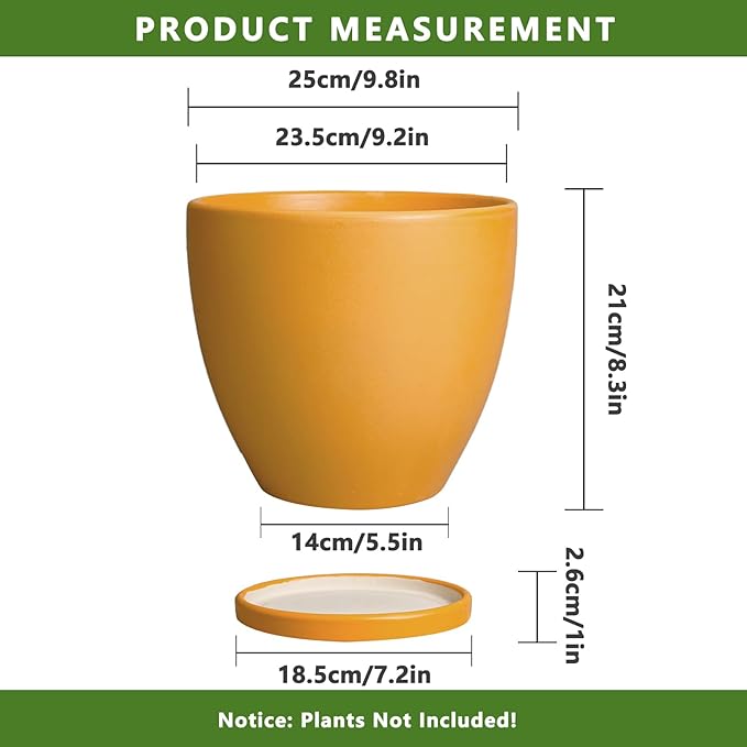 10 Inch Plant Pot - Ceramic Planter with Drainage Hole and Saucer, Modern Flower Pot, Round Planters for Indoor Plants, Home Patio Bathroom Porch Garden Living Room Decor, Orange