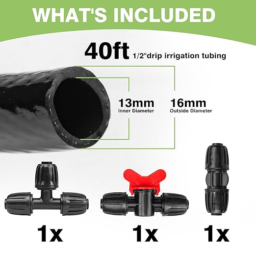 40 FT 1/2 inch Drip Irrigation Irrigation kit Main Line Supply Hose Tube for Garden Irrigation System (Includes 1/2" Straight Connector, 3-Way Connector, Switch Valve)