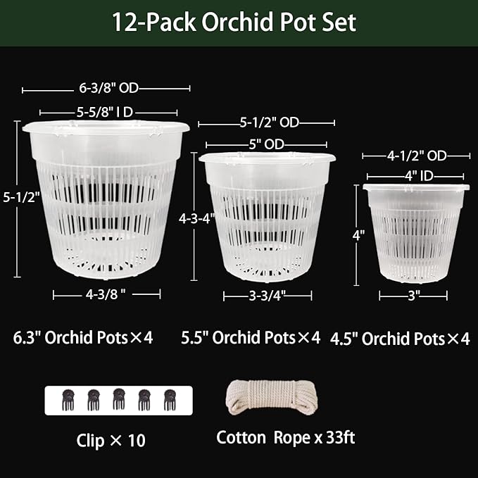Orchid Pot, 12 Pack Orchid Pots with Holes, 4 Each of 4.5", 5.5", 6.3", Clear Orchid Pots for Repotting, Breathable Slotted Orchids Planter