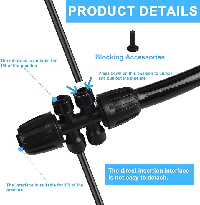 6PCS 1/2'' to 1/4'' Barbed Tee Quick Connector, Drip Irrigation Kits,Anti-Leak Locked Splitter Fitting for Irrigation Tubing 6-Way Connector and 4 Plugs