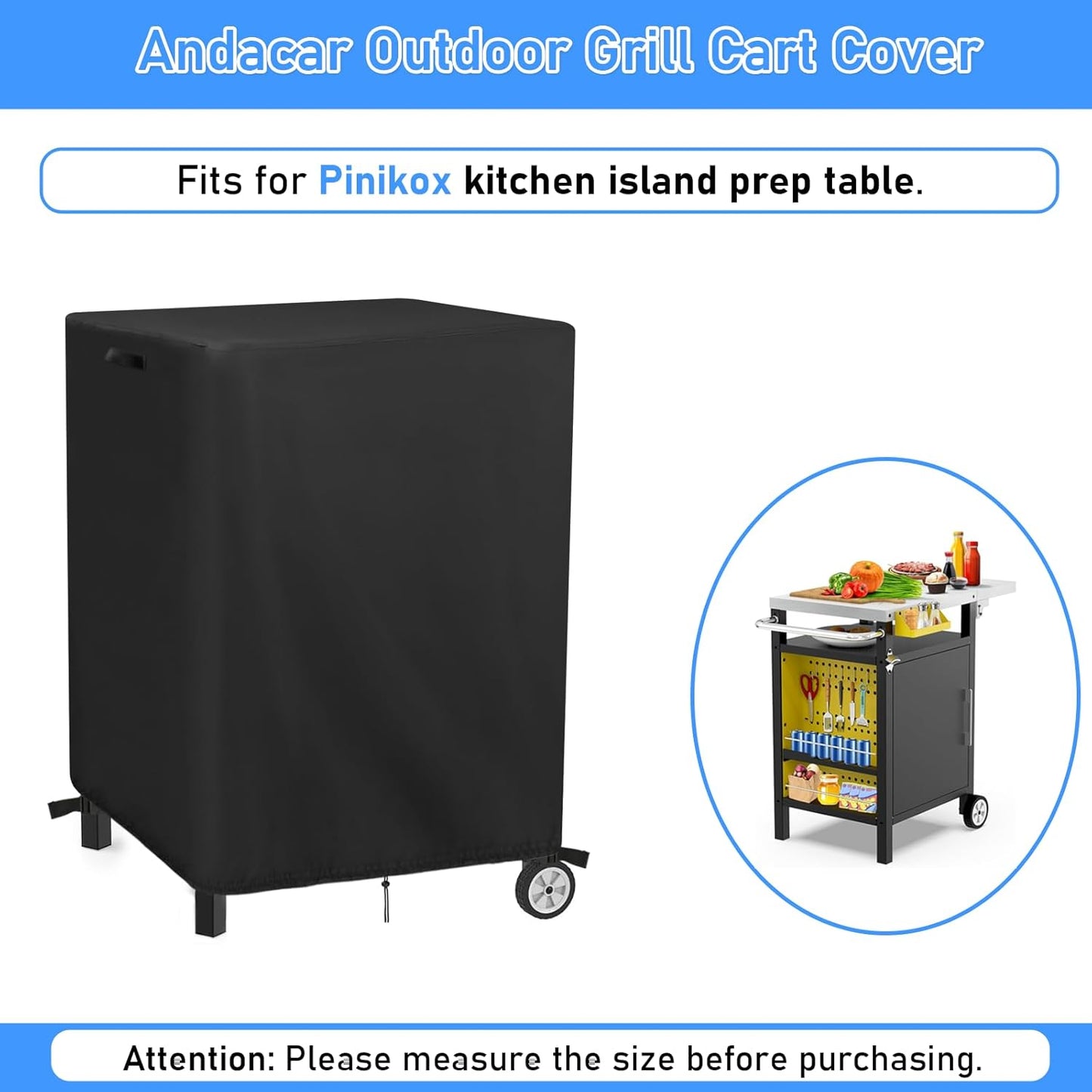 Outdoor Grill Cart Cover for Pinikox Kitchen Island Prep Table, Waterproof Grill Table Rolling Bar Cart Cover BBQ Grill Cover