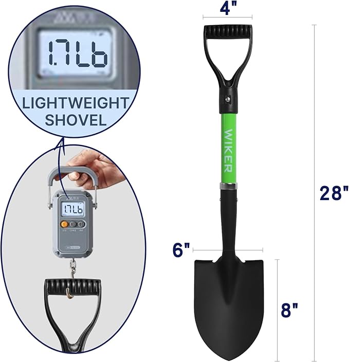 WIKER Beach Shovel,Kids Shovels for Digging,Short Handle Metal Shovel,Small Shovels for Gardening,Camping,Planting,28Inches,Green