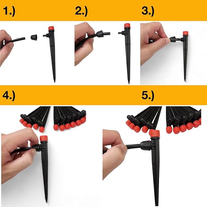 50-Pack Quick Connect Dripper Irrigation Emitters Adjustable 360 Degree Drip Emitters on 5" with Stake for 1/4" Drip Irrigation Tubing Irrigation Drip Ideal for (4-7mm) Garden Watering System