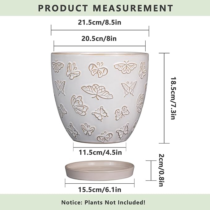 Ceramic Planter 8 Inch - White Plant Pot with Drainage Hole and Saucer Modern Flower Pot for Indoor Outdoor Plants