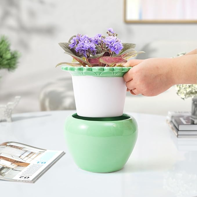 African Violet Flower Pot Green Ceramic Self Watering Flower Pot 6.5 * 4.6 * 4 inch Simple Plant Self Watering Pot Indoor Flowers High Absorption Herbaceous Flower Pots Modern Decor Pots