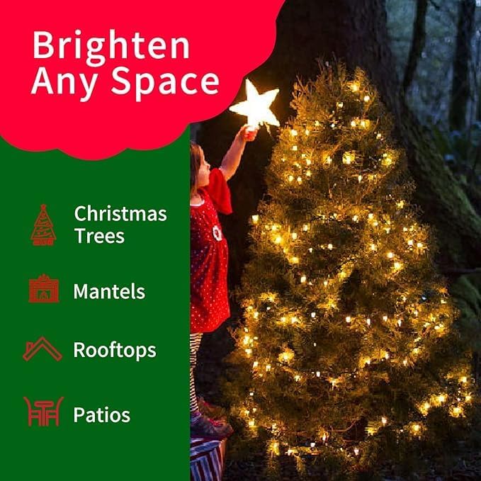 Ultra-Bright Connects End to End Yellow Christmas Mini Lights 300L 63.8Ft(2Sets-Each 150L) UL Listed Incandescent Bulb String Light for Indoor Outdoor Holiday Garden Christmas Tree Decor