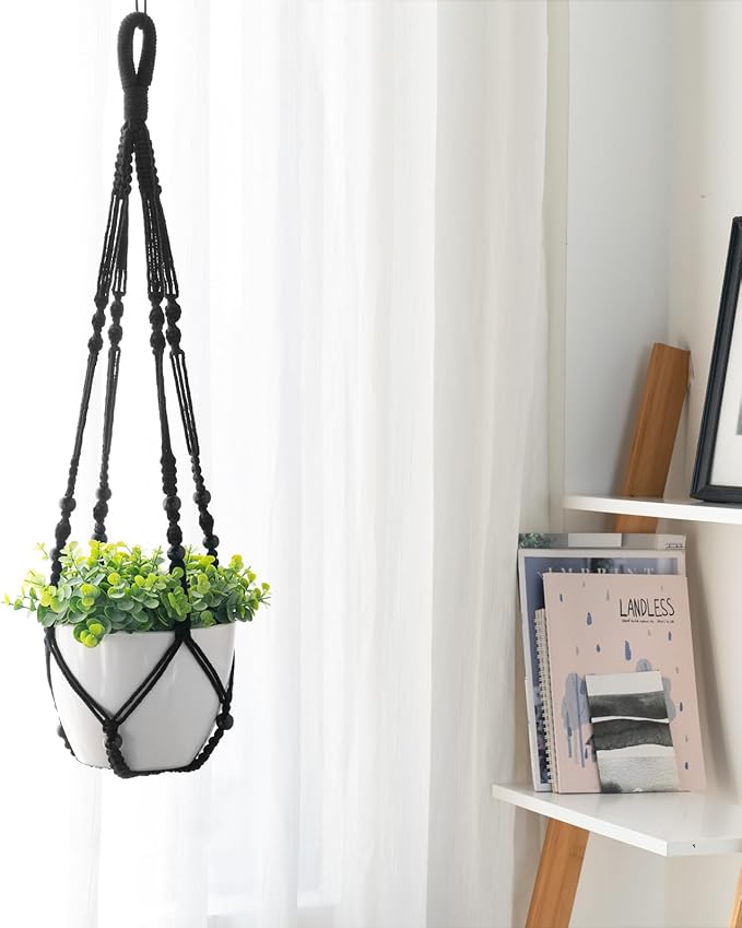 Mkono 3 Pack Macrame Plant Hangers Indoor Different Size Hanging Planter Basket Flower Pot Holder with Beads No Tassels 35"/29"/23", Medium, Black