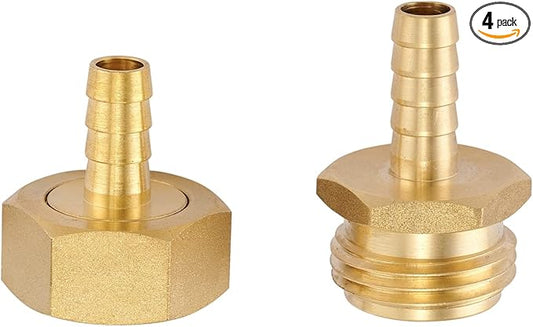 4PCS LF Premium Brass Water Hose Pipe Swivel Connector,2Pcs 3/8"Barb x 3/4"Female + 2Pcs 3/8" Barb x 3/4 inch MaleGHT Adapter,with Stainless Clamp for House/Boat/Lawn/Power Wash/Irrigation