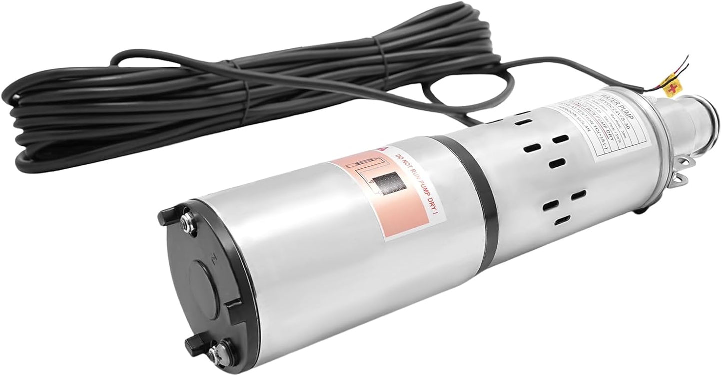 Deep Well Submersible Pump DC 24V 200W Electric Solar Powered Water Pump, 5.3 GPM Flow, 98ft Lift, Farm Ranch Irrigation Submersible Bore Hole Deep Well Pump