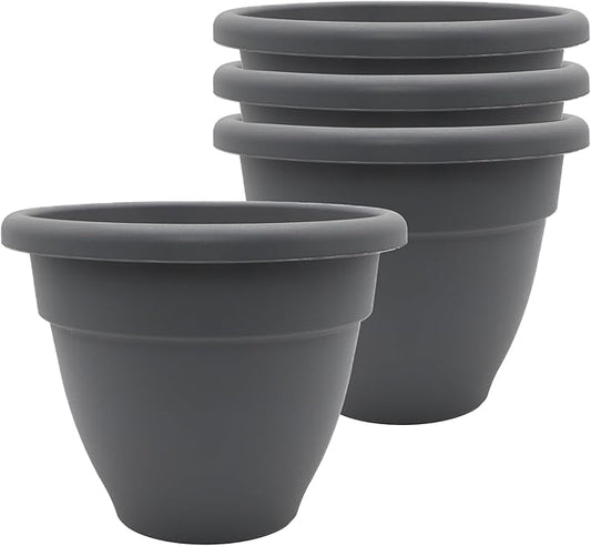 The HC Companies Caribbean Planter Pot - Outdoor & Indoor Plant Pot with Drainage Hole & Plug - Rolled Rim Plastic Pots for Plants & Flowers - Decorative Plant Pot (8" Warm Gray, Pack of 4)