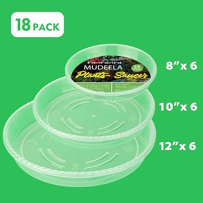 MUDEELA 18 Pack of 12 inch & 10 inch & 8 inch Plant Saucers, Durable Plant Trays for Indoors Outdoors, Clear Plastic Flower Plant Pot Saucer, Made of Thicker, Stronger Plastic, Taller Design