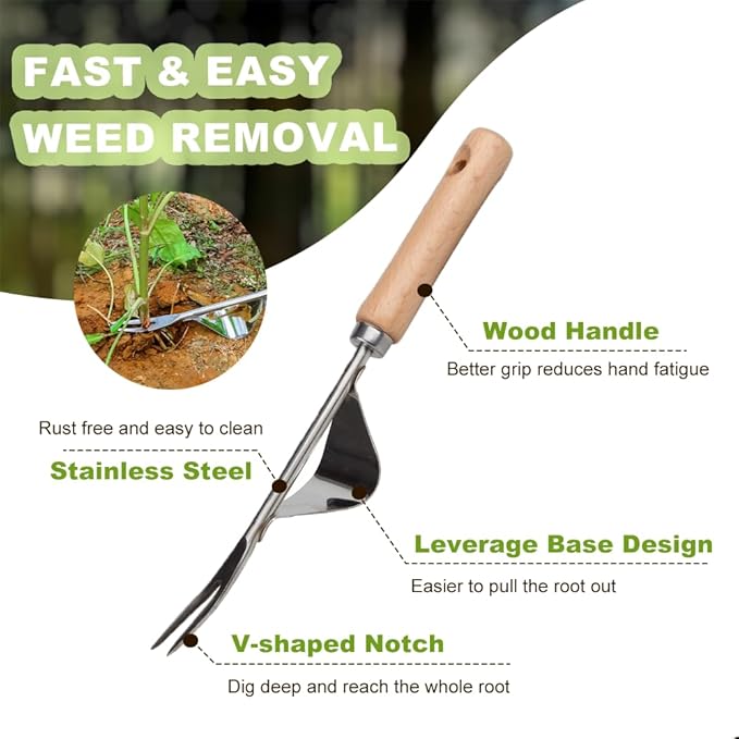 2 Pcs Stainless Steel Manual Weeder Tool Set - V-Shaped Fork & Crack Weeder for Deep Root Digging, Crevice Weeding Tool, Wood Handle Gardening Tool