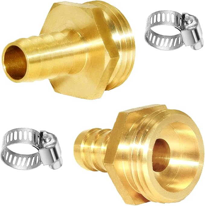 Joywayus 2Pcs 1/2" Barb x 3/4" Male GHT Thread Hex Brass Garden Water Hose Pipe Connector Copper Fitting with Stainless Clamp House/Boat/Lawn/Power Wash/Irrigation