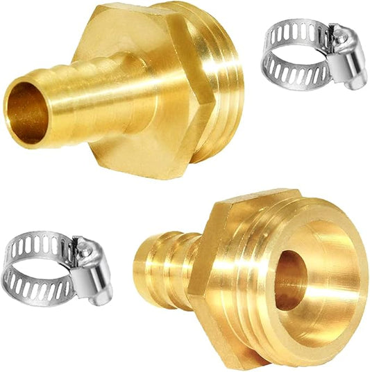 Joywayus 2Pcs 1/2" Barb x 3/4" Male GHT Thread Hex Brass Garden Water Hose Pipe Connector Copper Fitting with Stainless Clamp House/Boat/Lawn/Power Wash/Irrigation
