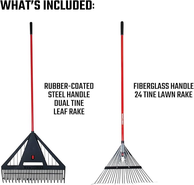 CRAFTSMAN 2-Piece Raking Set with Leaf & Lawn Rakes, Fiberglass & Rubber Coated Handles, Cushion Grips, for Leaves, Thatching, Dethatching