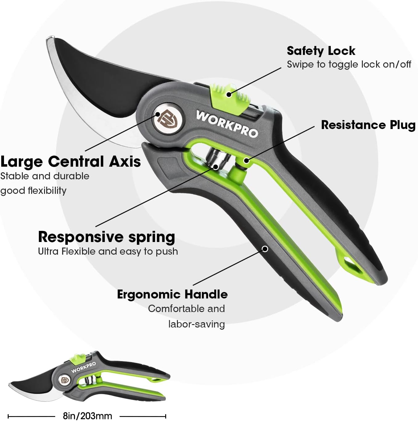 WORKPRO Bypass Pruning Shears, 8’’ Stainless Steel Gardening Hand Pruner, Professional Garden Trimming Scissors with Sharp SK5 Steel Blades, Ideal Garden Tool,Green