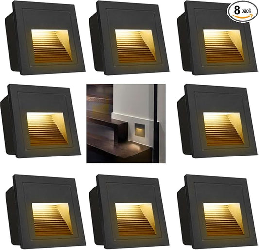 8Pack 3W LED Recessed Wall Light, 85-230V Step Lights Warm White 3000K, IP65 Waterproof Stair Light Staircase Light lamp, Inside Outside Garden Balcony Corridor, Aluminum, 120V,Black