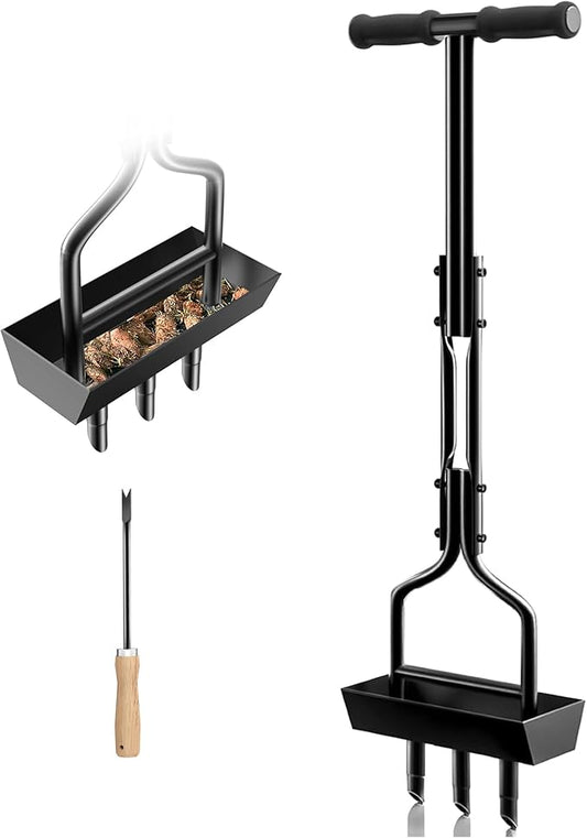 EEIEER Lawn Coring Aerator Tool, Upgarded Manual Lawn Aerators with Soil Storage Basket, 3 Core Tines Plug Aerator with Cleaning Tool, Yard Aeration Tool for Compacted Soil & Lawn Care