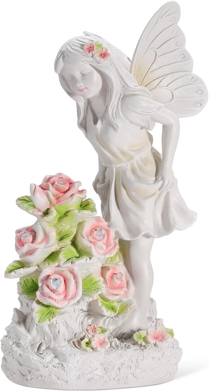 Angel Garden Statue, Guardian Solar Garden Decor with Warm Light, Waterproof Butterfly Angel Figurine with Flowers, Outdoor Garden Decor Sculpture for Lawn Yard Patio Windowsill, White
