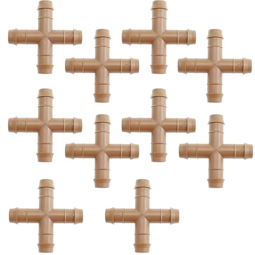 10pcs Drip Irrigation Kit, Irrigation Four Way Line Connector Fittings Fits for 1/2" inch Drip Tubing Barbed Irrigation Fittings for Patio Lawn Garden