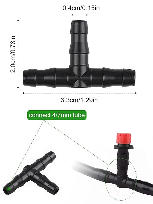 Kalolary 500Pcs Barbed Tee Irrigation Fittings, 1/4 Inch Tube Universal Drip Irrigation Connector Compatible with Watering Systems, 4/7mm Hose Automatic Irrigation Adapter
