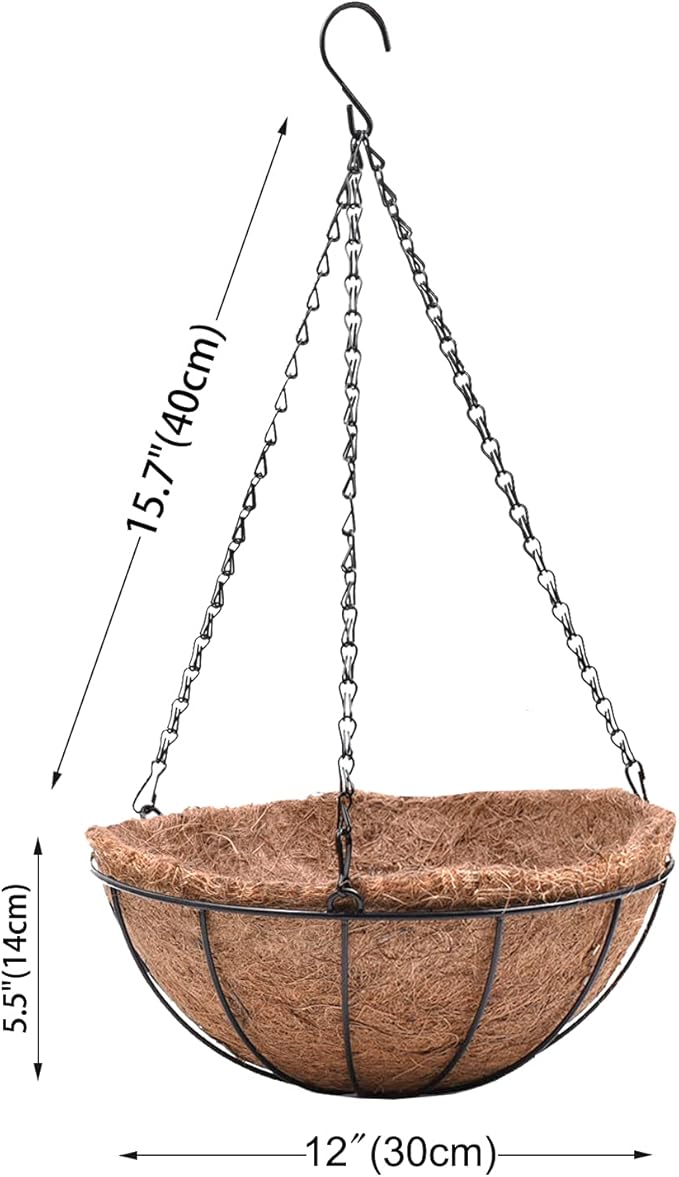 4 Pack Hanging Planter Basket Outdoor Large Hanging Flower Pots Indoor 12 inch with Coco Coir Liner Round Wire Plant Holder Chain Hanging Basket Garden for Home Decor Balcony Office1