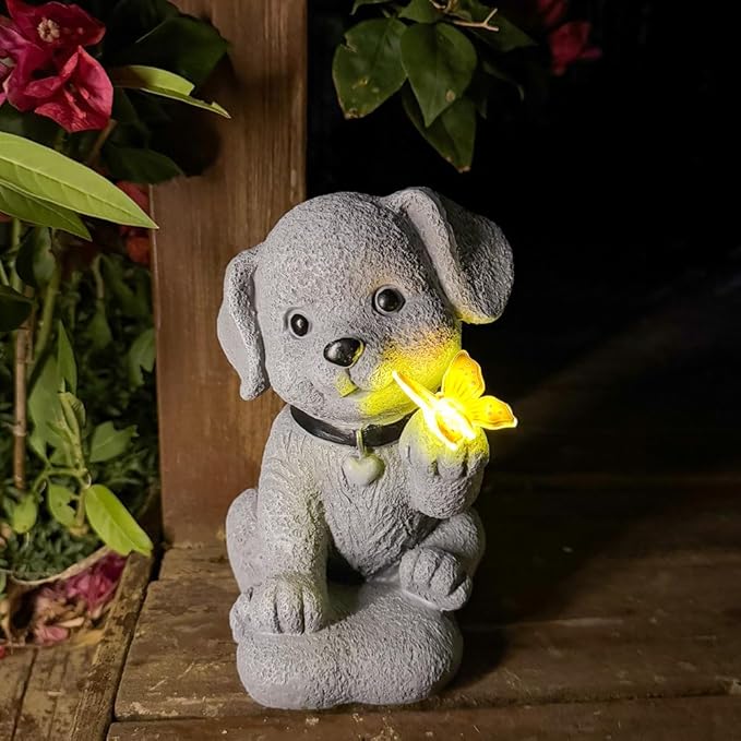 Solar Dog Statue Garden Decor with Butterfly Light – Waterproof Outdoor Yard Art for Patio, Lawn, Balcony for Patio, Balcony, Yard Ornament, Unique House Warming Garden Gifts Figurine Lights