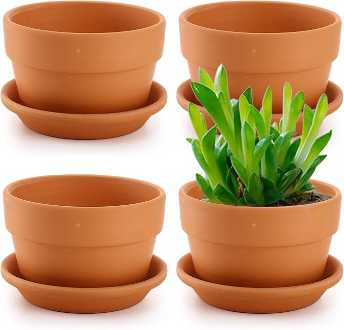 Suwimut 4 Pack Terracotta Pots with Saucer, 6 Inch Large Terra Cotta Plant Pot with Drainage Hole, Clay Flower Planter Pot with Tray for Indoor Outdoor Plant