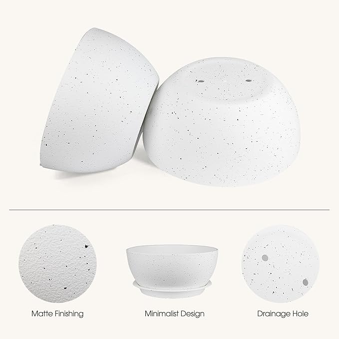 8 inch Plant Pots Pack of 2, Plastic Planter with Drainage Holes and Saucers, Plant pots for Indoor Outdoor Use, Flower Pots for All House Plants (Speckled White)