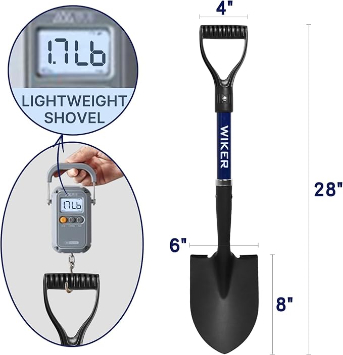 WIKER Kids Shovel,Small Shovels for Digging,Beach Shovels for Kids Heavy Duty,28 Inches,Short Shovel,Metal+Fiberglass,Blue
