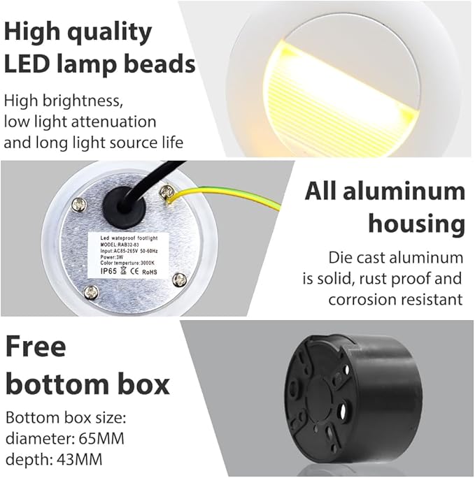 6Pcs 3W LED Recessed Wall Light, Step Light Warm White 3000K, IP65 Waterproof Staircase Light Lighting lamp, Inside Outside Garden Balcony Corridor, Aluminum, 120V White