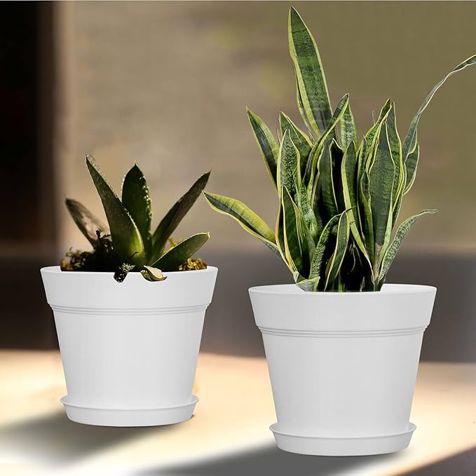 WOUSIWER 16 Pack 6 inch Plastic Planters for Indoor Flower Pots, Heavy Duty and Stylish 6 Inch Plant Pots for Indoor Plants with Drainage Holes and Tray for Plants, Flowers, White
