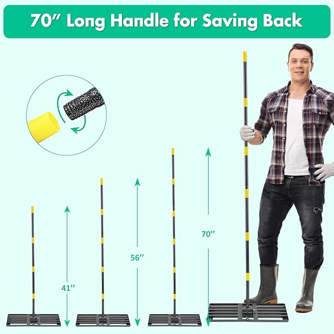 Lawn Leveling Rake, Foldable 26.7"x10" Level Lawn Tool with Curved Edge, 7FT Heavy Duty Lawn Level Tool, Long Handle Lawn Leveler for Yard Garden Golf Course, Soil Sand Dirt Spreading Leveling Rake