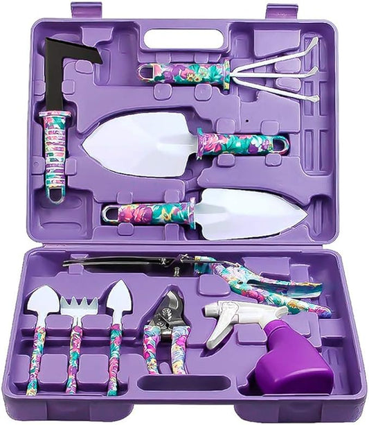 Jhua Garden Tool Set, 10 Pieces Gardening Tools Kit with Purple Flower Print, Ergonomic Handle Trowel Rake Weeder Pruner Shears Sprayer, Garden Hand Tools with Carrying Case Gardening Gifts for Women
