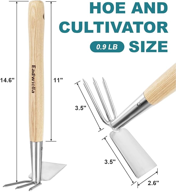 Hoe and Cultivator Garden Rake Hand Tiller Tool Wood Handle Double Sided Cultivator Versatile Tool for Digging,Loosening Soil,Weeding,Breaking Up Soil,Cultivating,Preparing Seedbeds Combination Garden
