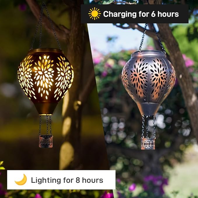 Hot Air Balloon Solar Lantern, Flower Hollow Out Solar Powered Hot Air Balloon Lantern Outdoor Waterproof, Metal Hanging Hots Airs Balloons Solars Light for Outdoor Patio Garden Decor