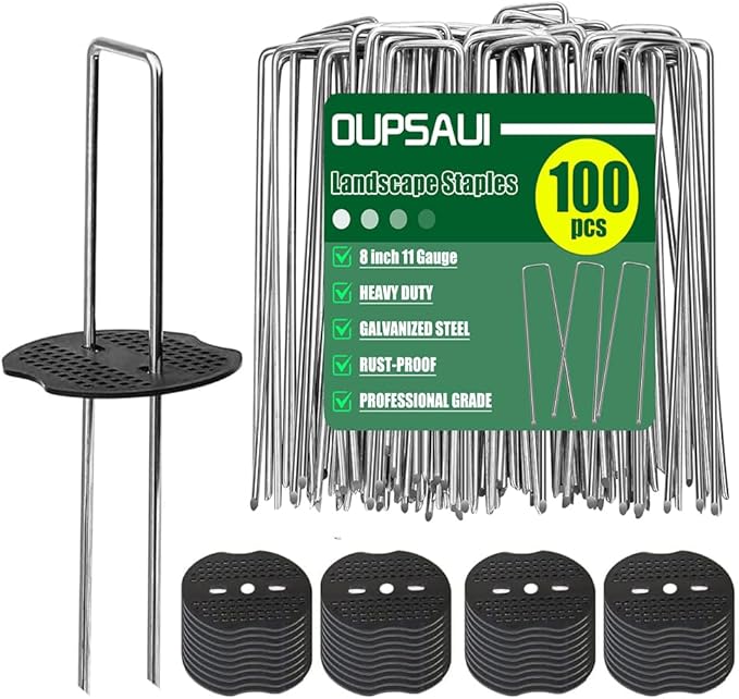 8 Inch 11 Gauge Galvanized Landscape Staples Stakes with Gaskets for Decoration, 25/50/100pcs Garden Metal Stakes for Weed Barrier Fabric, Fence Stakes, Tent Stakes(8in,100pcs)