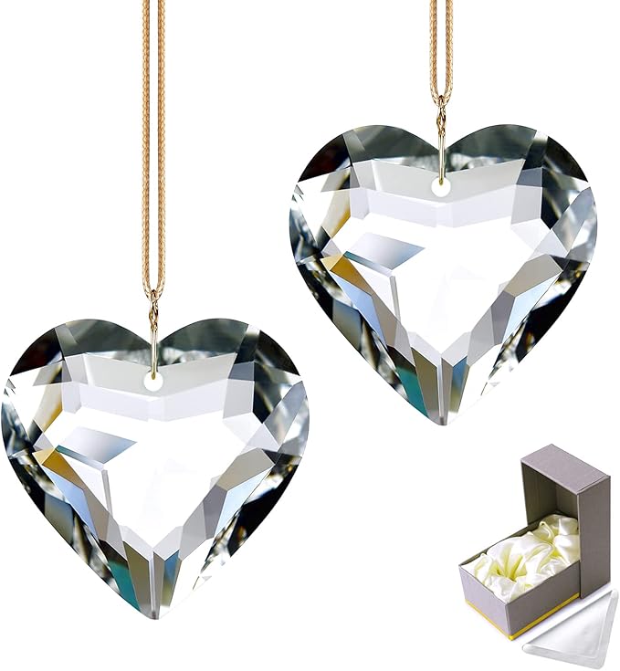Clear Heart Crystal Suncatcher, 2pc 45mm Hanging Prism for Windows, Outdoor Indoor Decoration, Rainbow Maker Gifts for Mom, Grandma, Friend