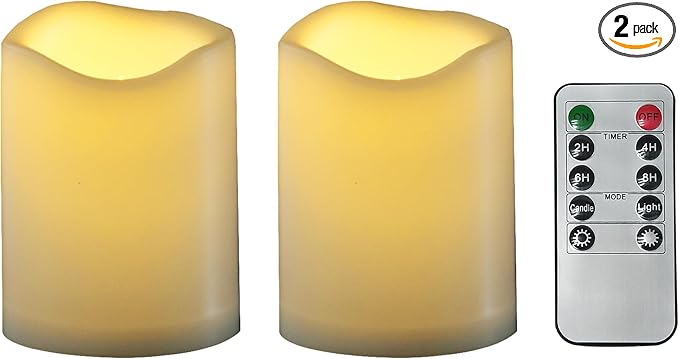 CANDLE CHOICE Waterproof Outdoor Battery Operated Flameless Candles with Remote Timer Plastic Flickering Fake Electric LED Pillars for Lantern Garden Wedding Christmas Decorations 3x4 Inches 2 PCS