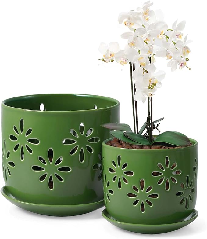EFISPSS Orchid Pots with Holes,5+6 Inch Ceramic Plant Pots with Drainage Holes and Tray,Enhanced Drainage and Ventilation,Flower Pots for Indoor/Outdoor Plants for Repotting - Green