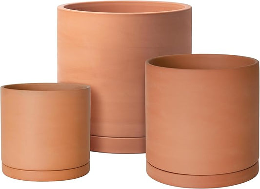 D'vine Dev Terracotta Pots for Plants, 7.8 Inch 9.6 Inch 12 Inch, Round Cylinder Planter Pot with Drainage and Saucer, 40-T-D-0
