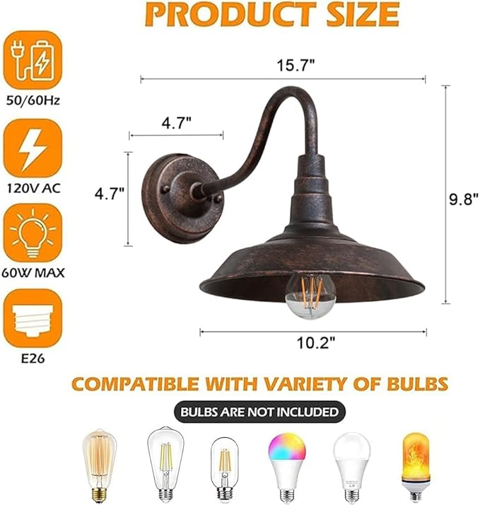 Outdoor Wall Light, 9.8" Iron Art Gooseneck Wall Lanterns, E26 Retro Barn Lights, Indoor and Outdoor Wall Mounted Lighting Waterproof Wall Sconce Light, for Porch, Garage